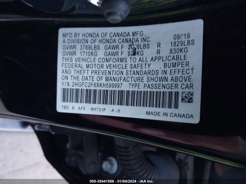 2019 HONDA CIVIC LX - 2HGFC2F6XKH599997