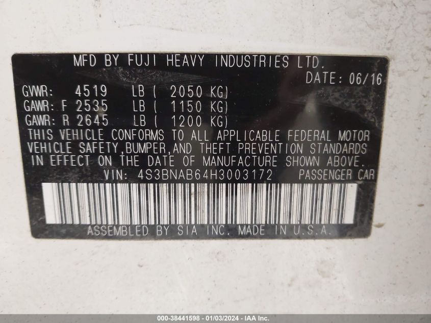 2017 SUBARU LEGACY 2.5I - 4S3BNAB64H3003172