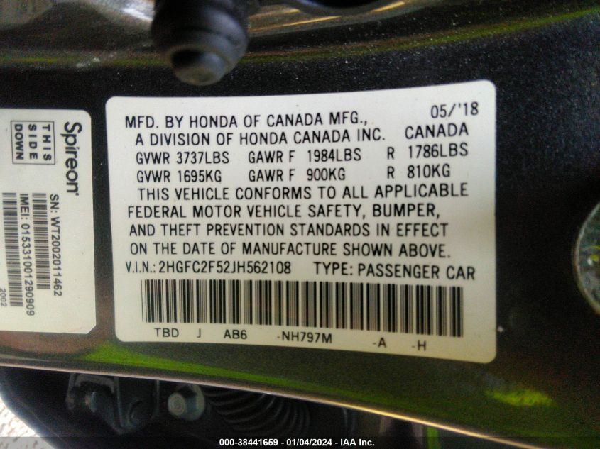 2018 HONDA CIVIC LX - 2HGFC2F52JH562108