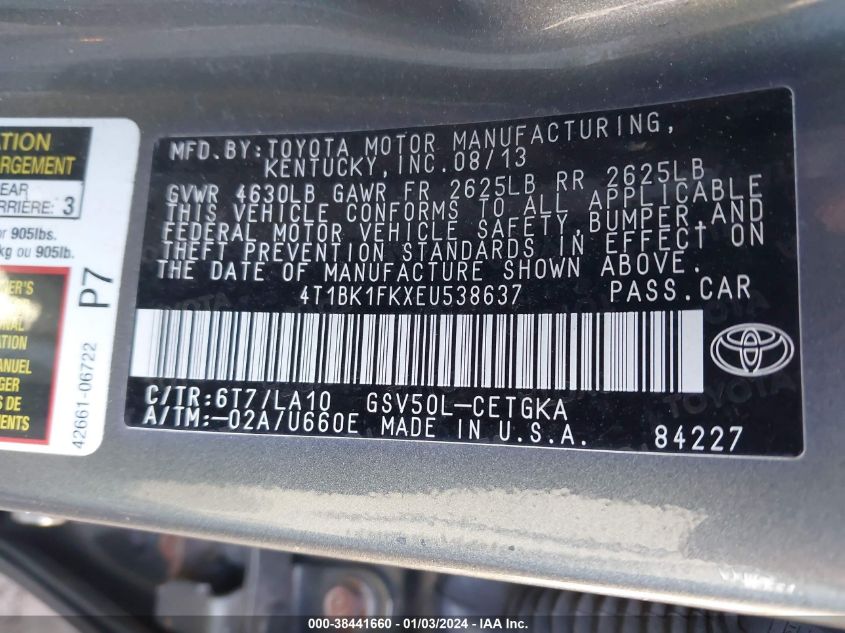 2014 TOYOTA CAMRY XLE V6 - 4T1BK1FKXEU538637