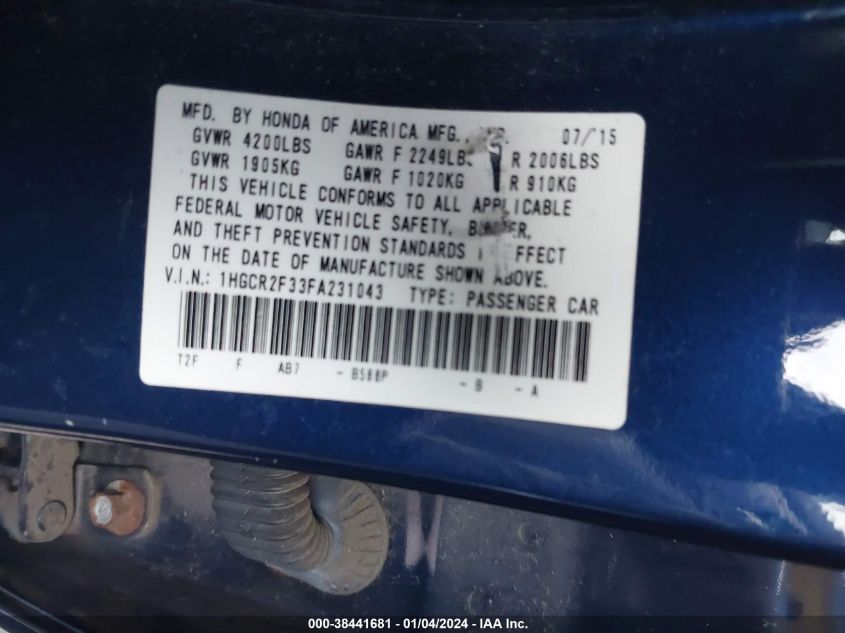 1HGCR2F33FA231043 | 2015 HONDA ACCORD