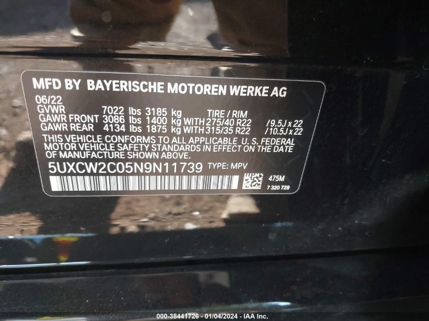 2022 BMW X7 XDRIVE40I 5UXCW2C05N9N11739