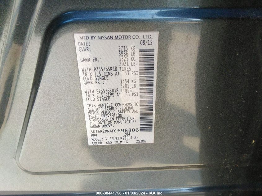 2015 NISSAN PATHFINDER S - 5N1AR2MN4FC698806