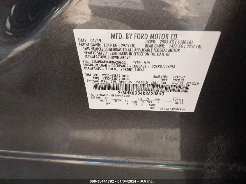 2019 FORD FLEX LIMITED 2FMHK6D84KBA20653