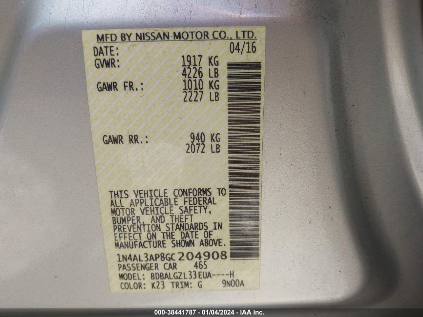 2016 NISSAN ALTIMA 2.5 S - 1N4AL3AP8GC204908