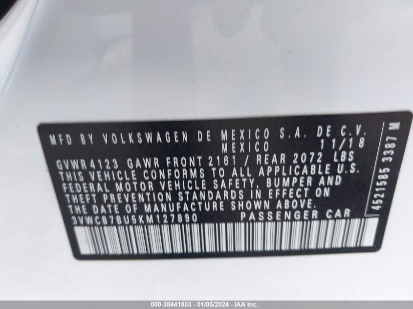 2019 VOLKSWAGEN JETTA 1.4T R-LINE/1.4T S/1.4T SE - 3VWCB7BU5KM127890