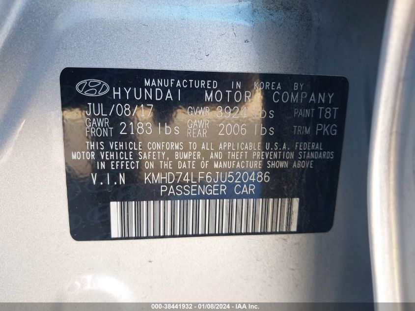 2018 HYUNDAI ELANTRA SE - KMHD74LF6JU520486