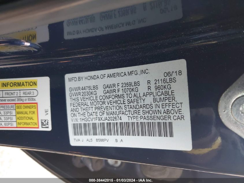 2018 HONDA ACCORD TOURING - 1HGCV1F9XJA202674
