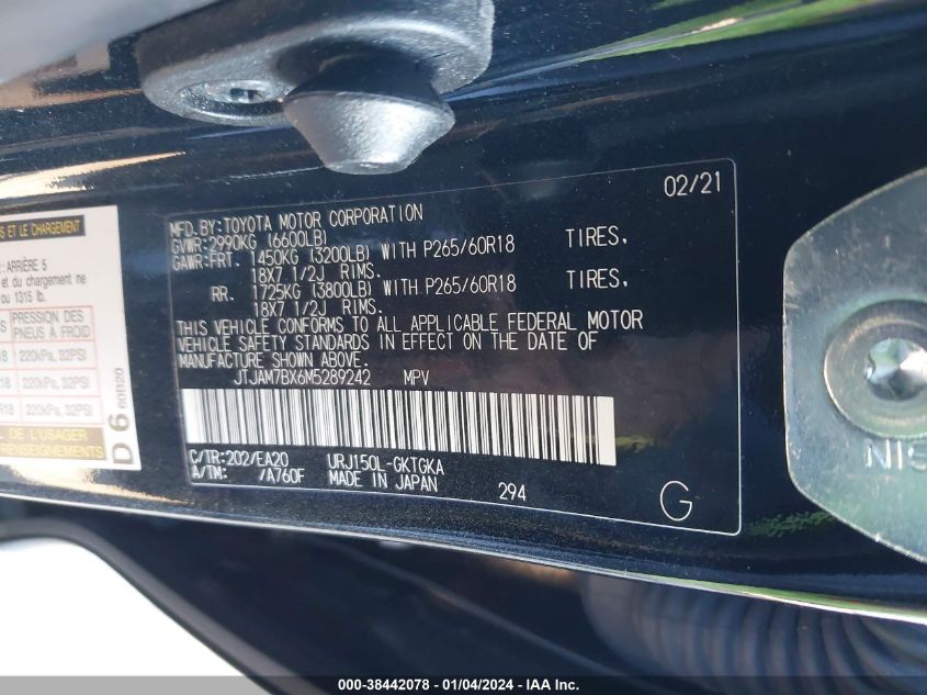 2021 LEXUS 460 PREMIUM JTJAM7BX6M5289242