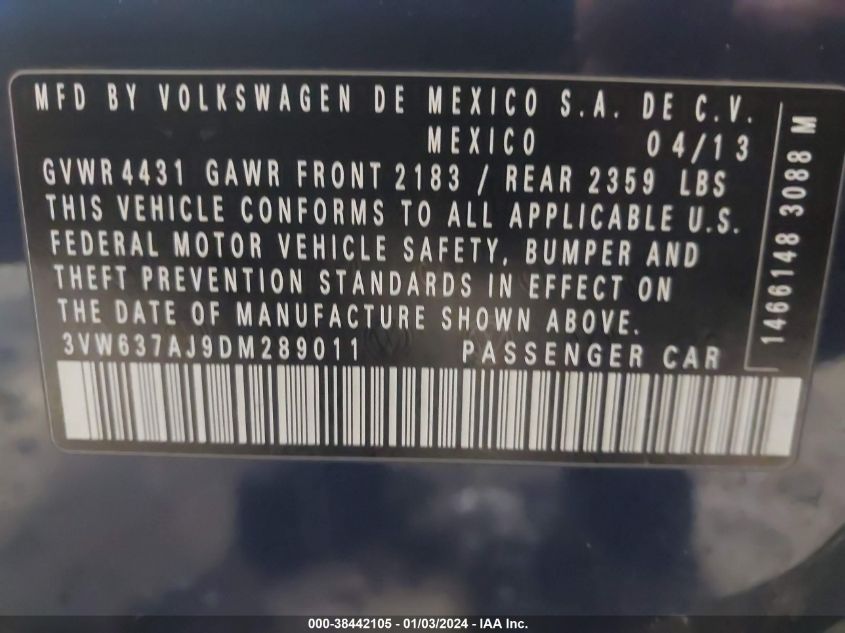 2013 VOLKSWAGEN JETTA HYBRID SE/SEL/SEL PREMIUM 3VW637AJ9DM289011
