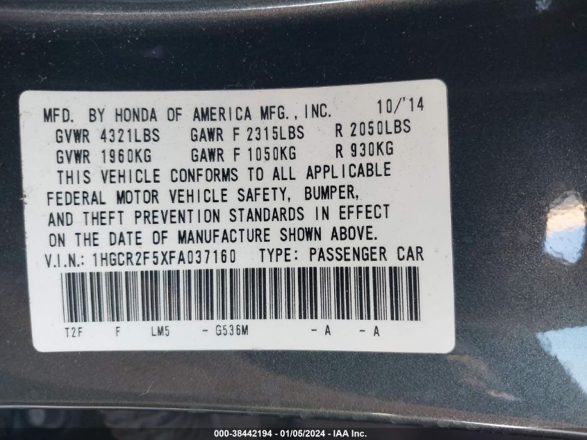 2015 HONDA ACCORD SPORT - 1HGCR2F5XFA037160