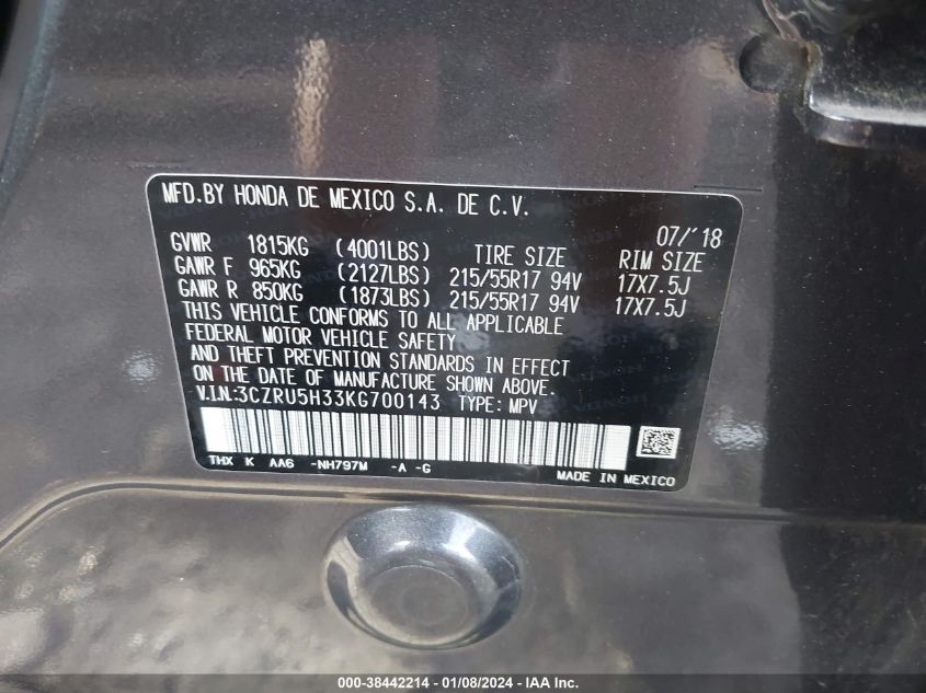 2019 HONDA HR-V LX - 3CZRU5H33KG700143