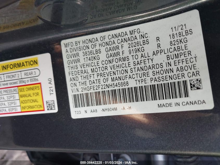 2022 HONDA CIVIC LX - 2HGFE2F22NH545668