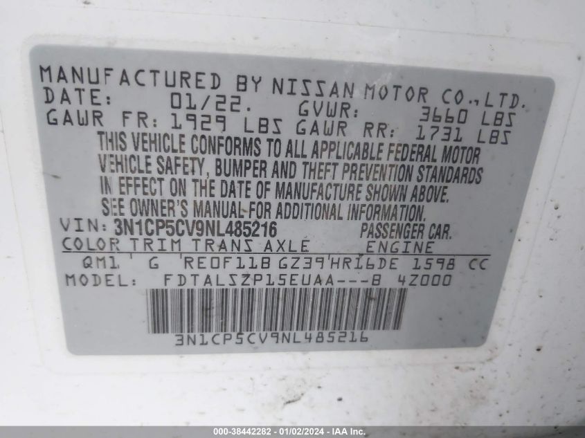 2022 NISSAN KICKS SV XTRONIC CVT - 3N1CP5CV9NL485216