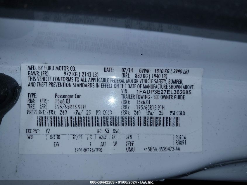 2014 FORD FOCUS S - 1FADP3E27EL362685