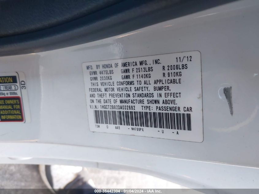 2013 HONDA ACCORD EX-L V-6 - 1HGCT2B82DA002692