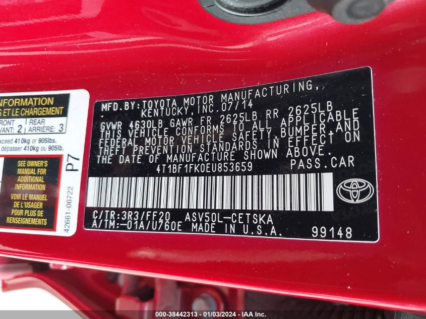 2014 TOYOTA CAMRY L/LE/XLE/SE/SE SPORT - 4T1BF1FK0EU853659