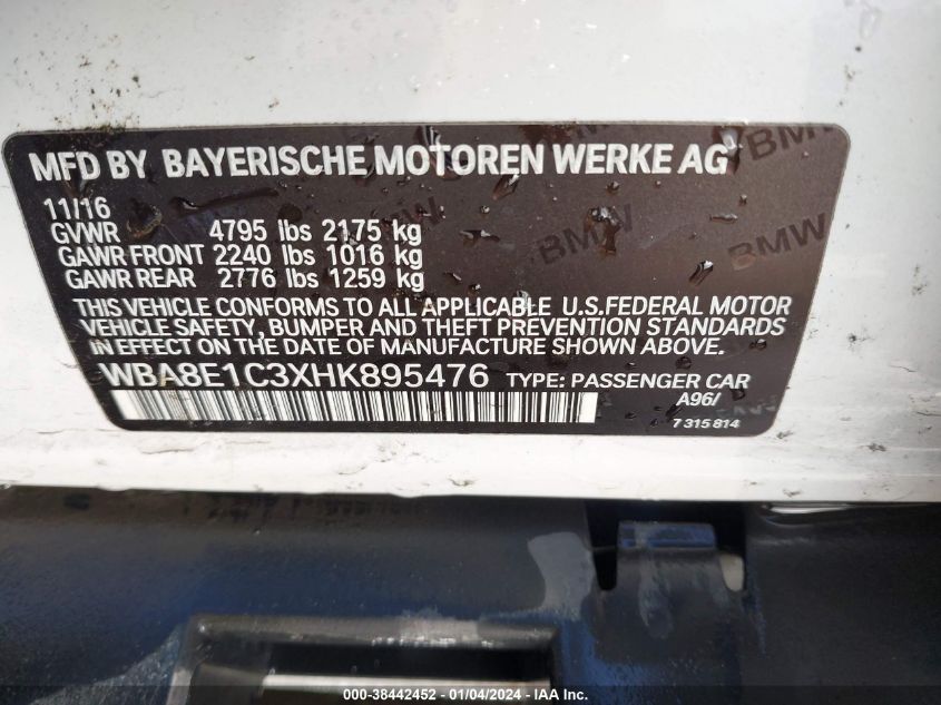 2017 BMW 330E IPERFORMANCE - WBA8E1C3XHK895476