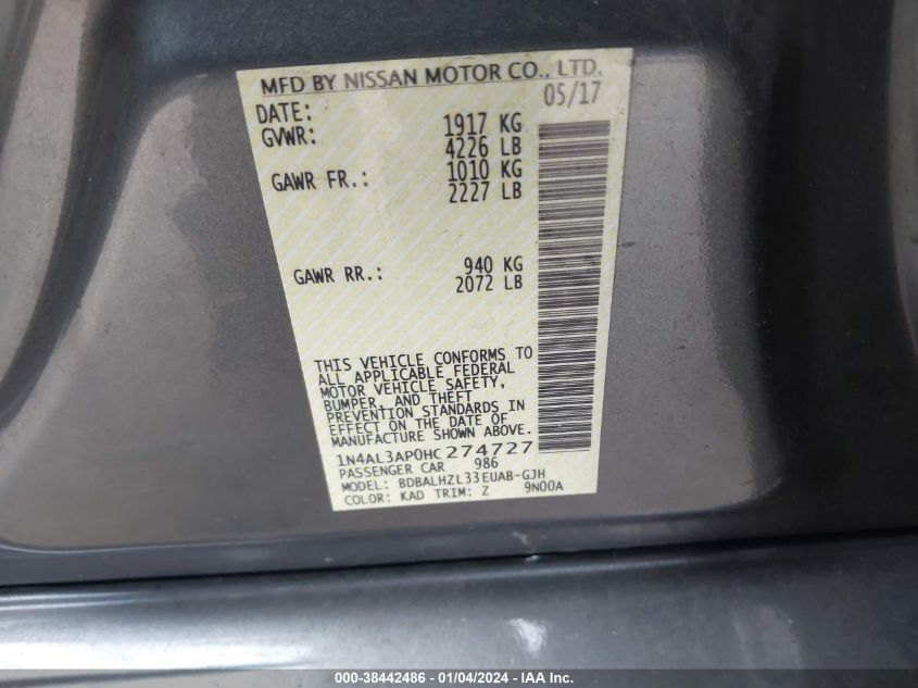 2017 NISSAN ALTIMA 2.5 SR - 1N4AL3AP0HC274727