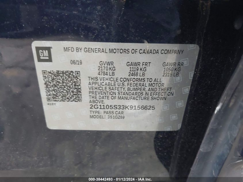 2019 CHEVROLET IMPALA PREMIER - 2G1105S33K9156625