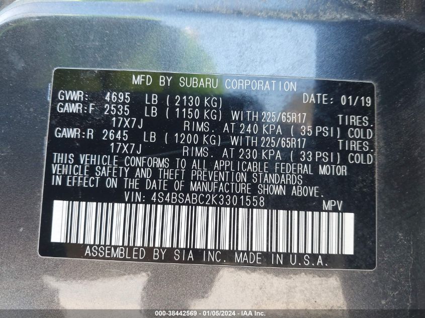 2019 SUBARU OUTBACK 2.5I - 4S4BSABC2K3301558