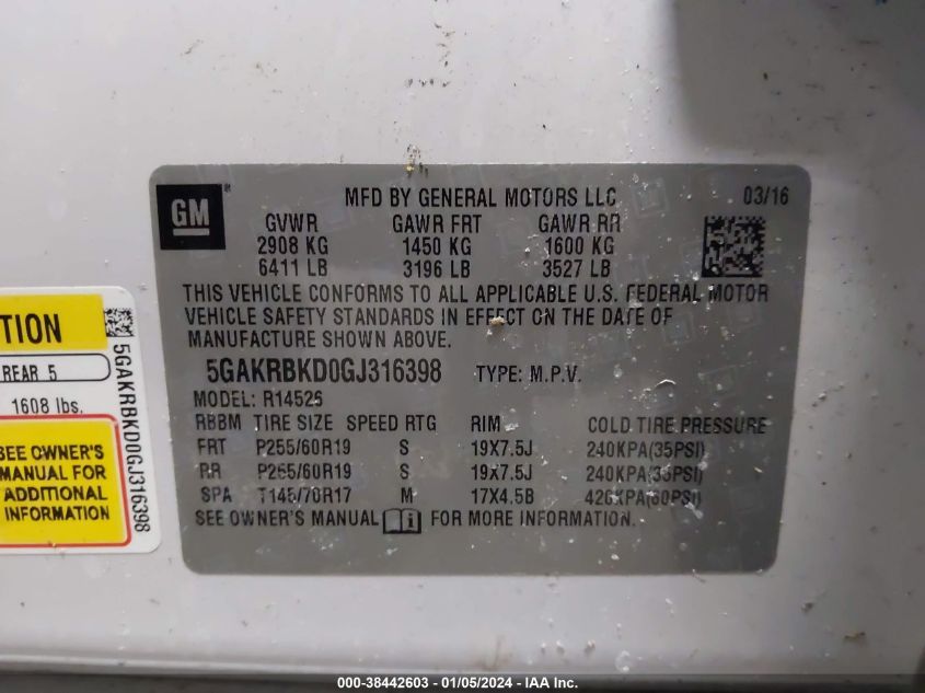 2016 BUICK ENCLAVE LEATHER - 5GAKRBKD0GJ316398