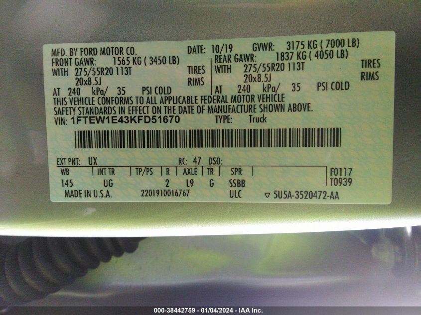 VIN 1FTEW1E43KFD51670 2019 FORD F-150 XLT