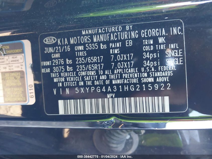 2017 KIA SORENTO LX/L - 5XYPG4A31HG215922