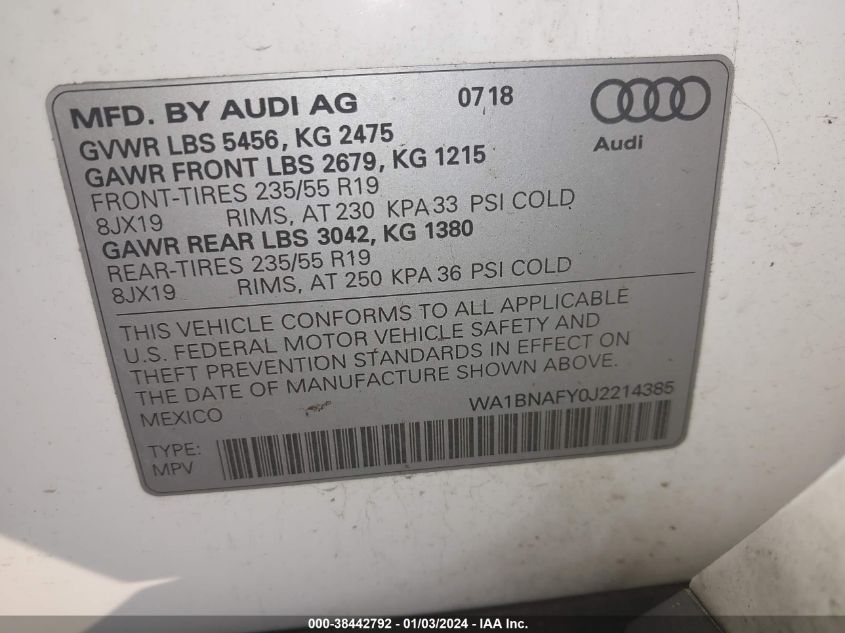 WA1BNAFY0J2214385 2018 AUDI Q5, photo no. 9