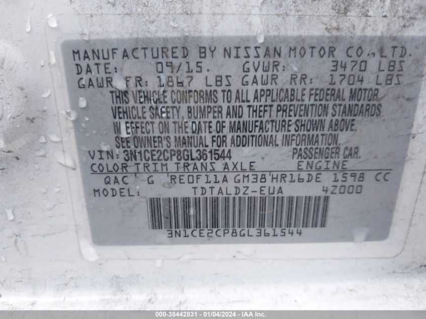 2016 NISSAN VERSA NOTE S (SR)/S PLUS/SL/SR/SV - 3N1CE2CP8GL361544