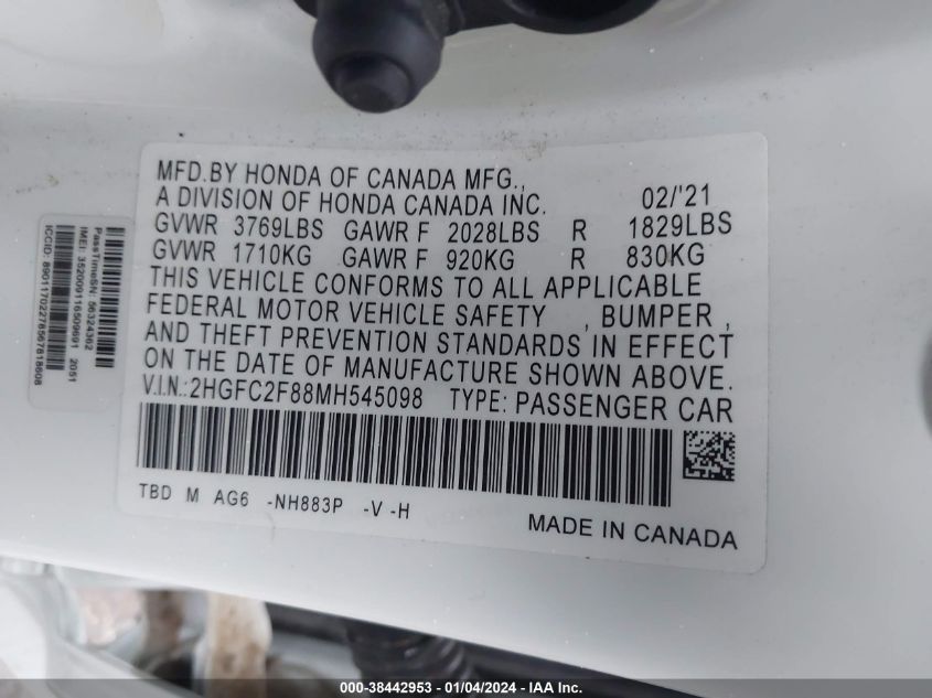 2021 HONDA CIVIC SPORT - 2HGFC2F88MH545098