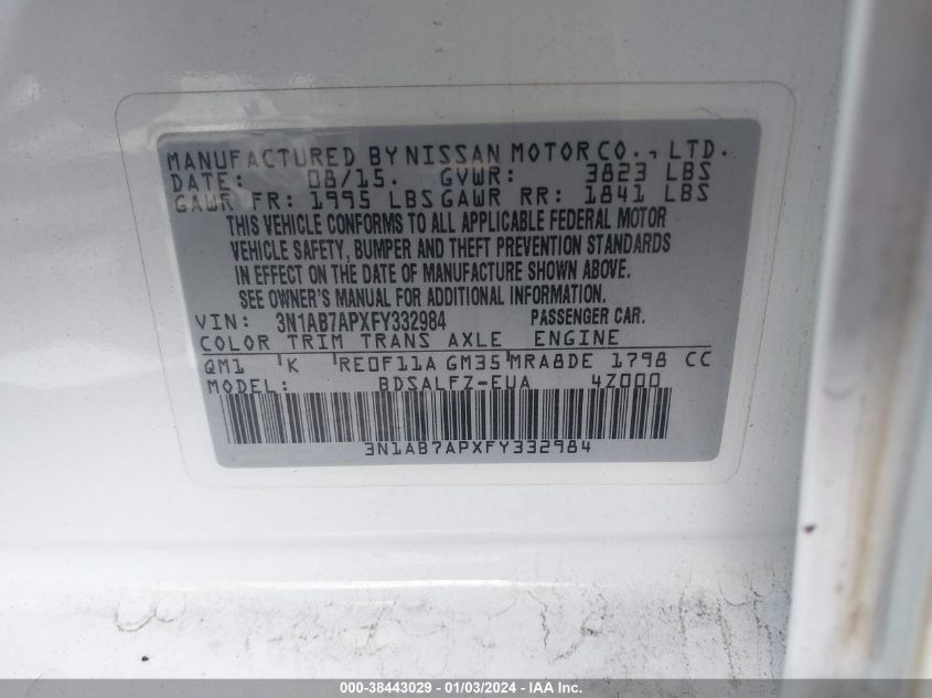 2015 NISSAN SENTRA S/SV/SR/SL - 3N1AB7APXFY332984