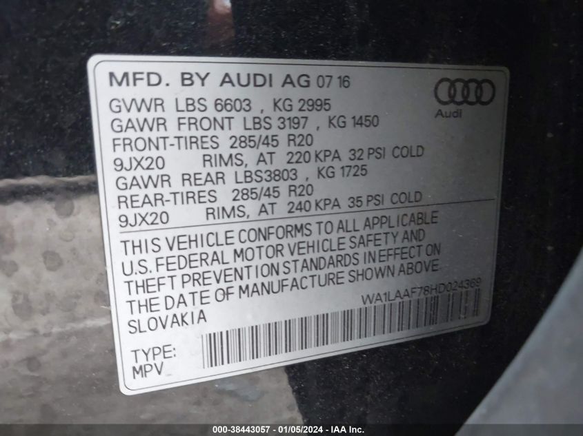 2017 AUDI Q7 PREMIUM PLUS - WA1LAAF78HD024369