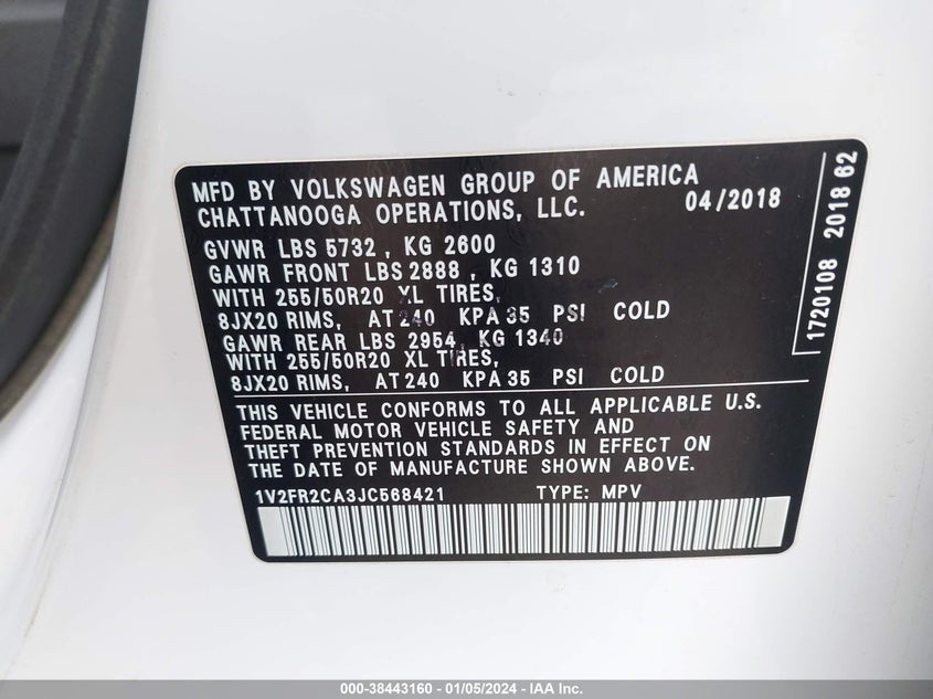 VIN 1V2FR2CA3JC568421 2018 VOLKSWAGEN ATLAS SE
