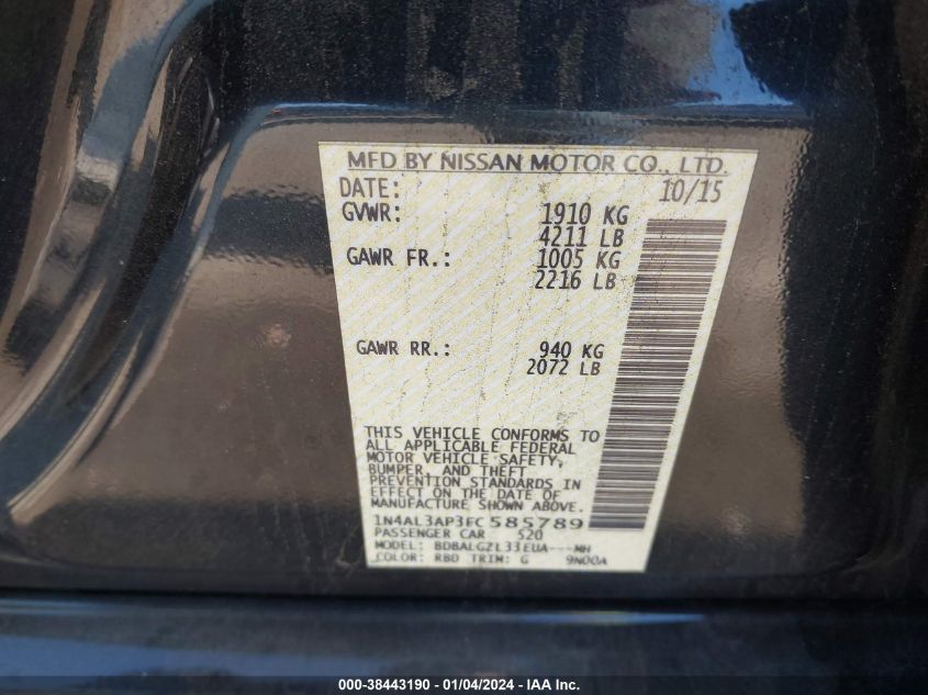 2015 NISSAN ALTIMA 2.5 S - 1N4AL3AP3FC585789