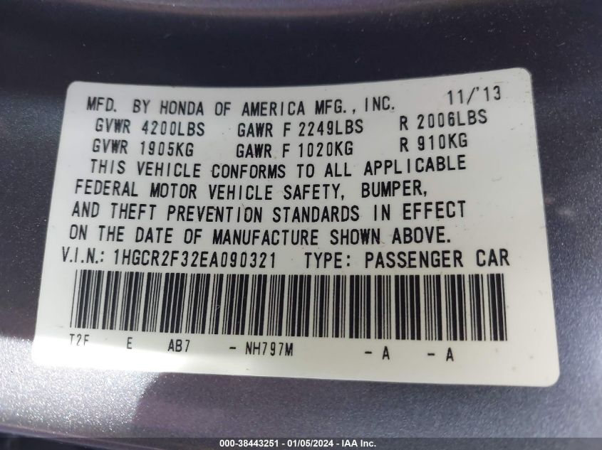 2014 HONDA ACCORD LX - 1HGCR2F32EA090321
