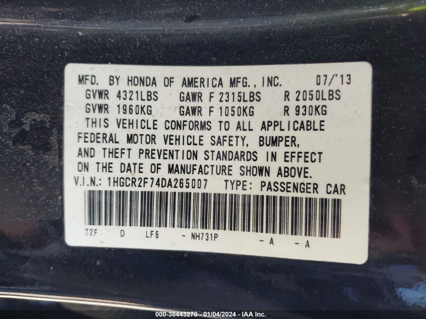 2013 HONDA ACCORD EX - 1HGCR2F74DA265007