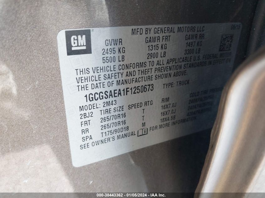 2015 CHEVROLET COLORADO WT - 1GCGSAEA1F1250673