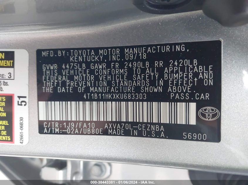 2019 TOYOTA CAMRY L/LE/XLE/SE/XSE - 4T1B11HKXKU683303