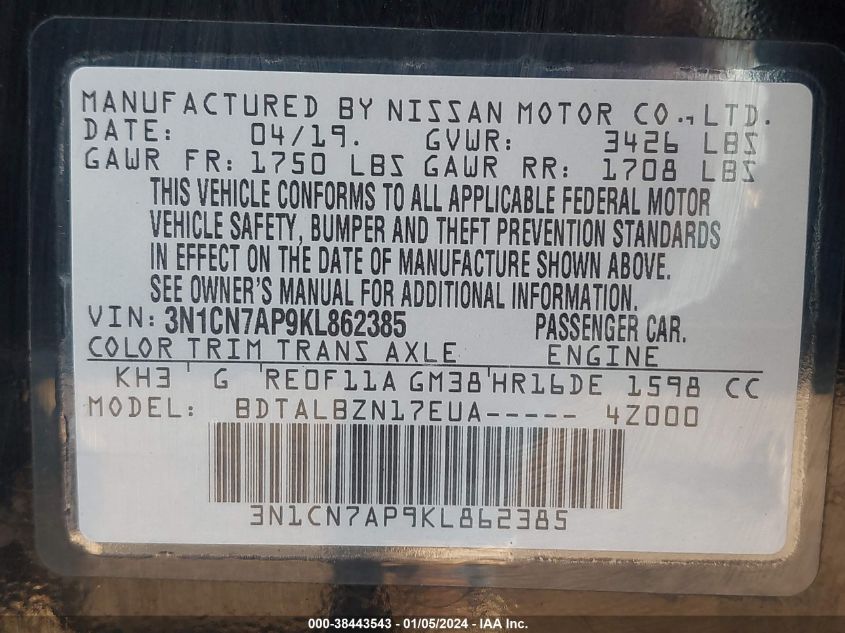 2019 NISSAN VERSA S/S PLUS/SV - 3N1CN7AP9KL862385