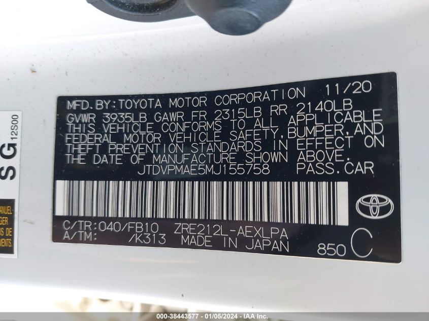 2021 TOYOTA COROLLA LE - JTDVPMAE5MJ155758
