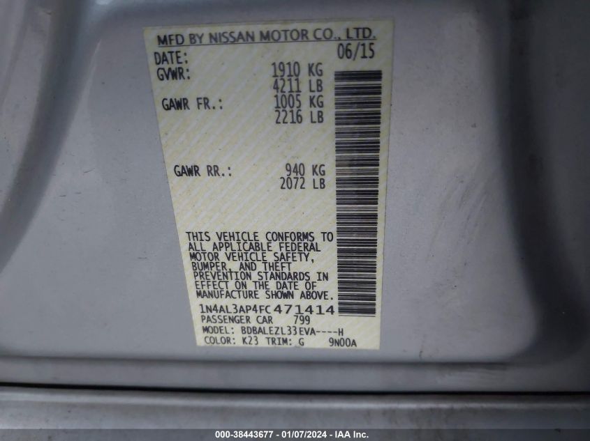2015 NISSAN ALTIMA 2.5 S - 1N4AL3AP4FC471414