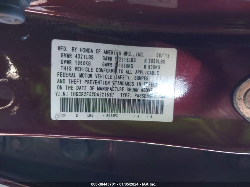 2013 HONDA ACCORD SPORT - 1HGCR2F52DA221537