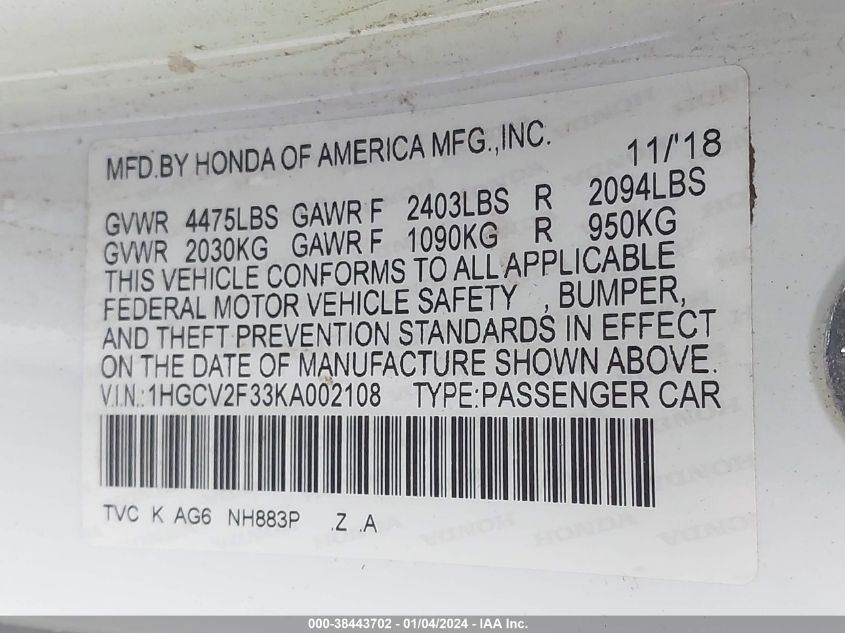 2019 HONDA ACCORD SPORT - 1HGCV2F33KA002108