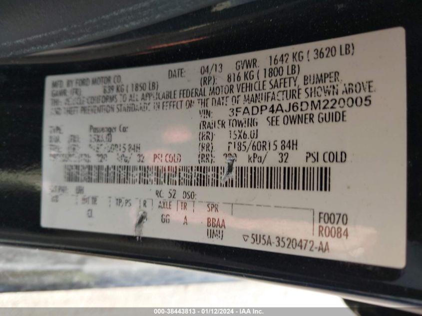 2013 FORD FIESTA S - 3FADP4AJ6DM220005