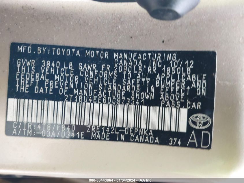 2013 TOYOTA COROLLA S/LE - 2T1BU4EE6DC973341