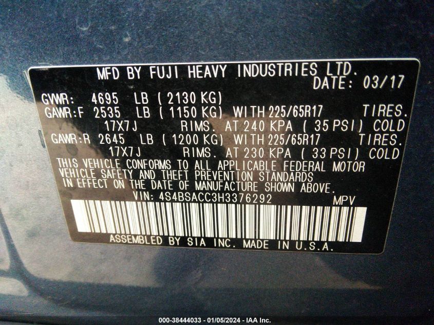 2017 SUBARU OUTBACK 2.5I PREMIUM - 4S4BSACC3H3376292