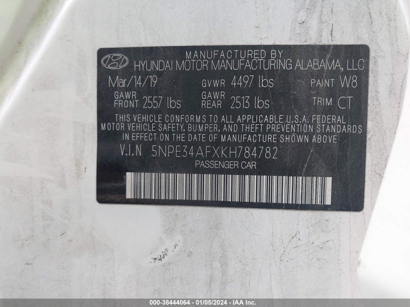 VIN 5NPE34AFXKH784782 2019 HYUNDAI SONATA SEL