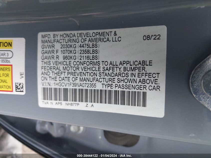 2022 HONDA ACCORD SPORT - 1HGCV1F39NA072355