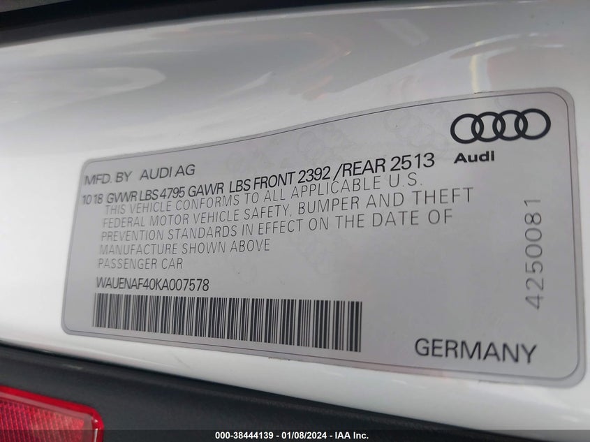 VIN WAUENAF40KA007578 2019 AUDI A4 PREMIUM PLUS